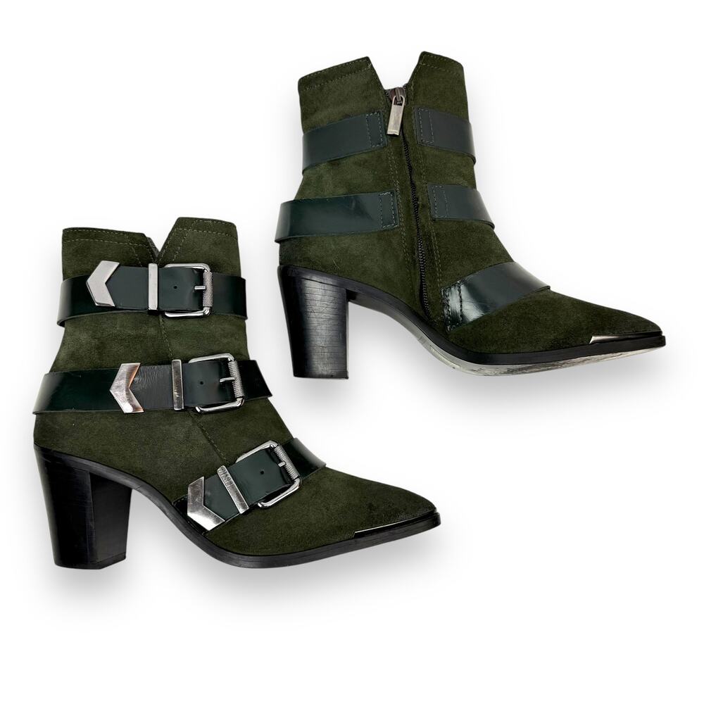 DIESEL green suede strapped buckle heeled pointed toe boots - Picture 12 of 16